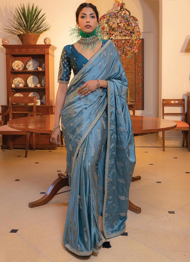 Viscose Sattin Sea Blue Party Wear Embroidery Work Saree